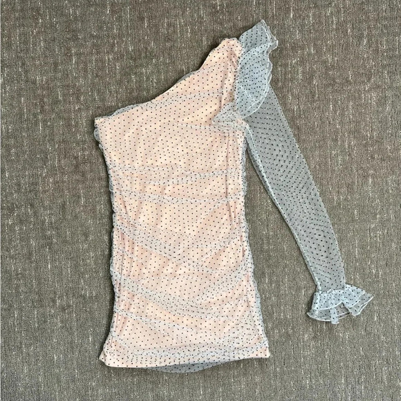 Majorelle Smith Mini Dress in Black Dot One Shoulder Sheer White Ruffle Large - Picture 6 of 8